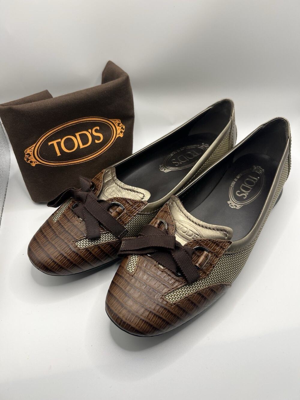 Tod's Brown Reptile & Gold Metallic Leather Loafers Ballet Flats Lace Up Size 8